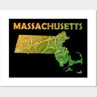 Colorful mandala art map of Massachusetts with text in green and orange Posters and Art